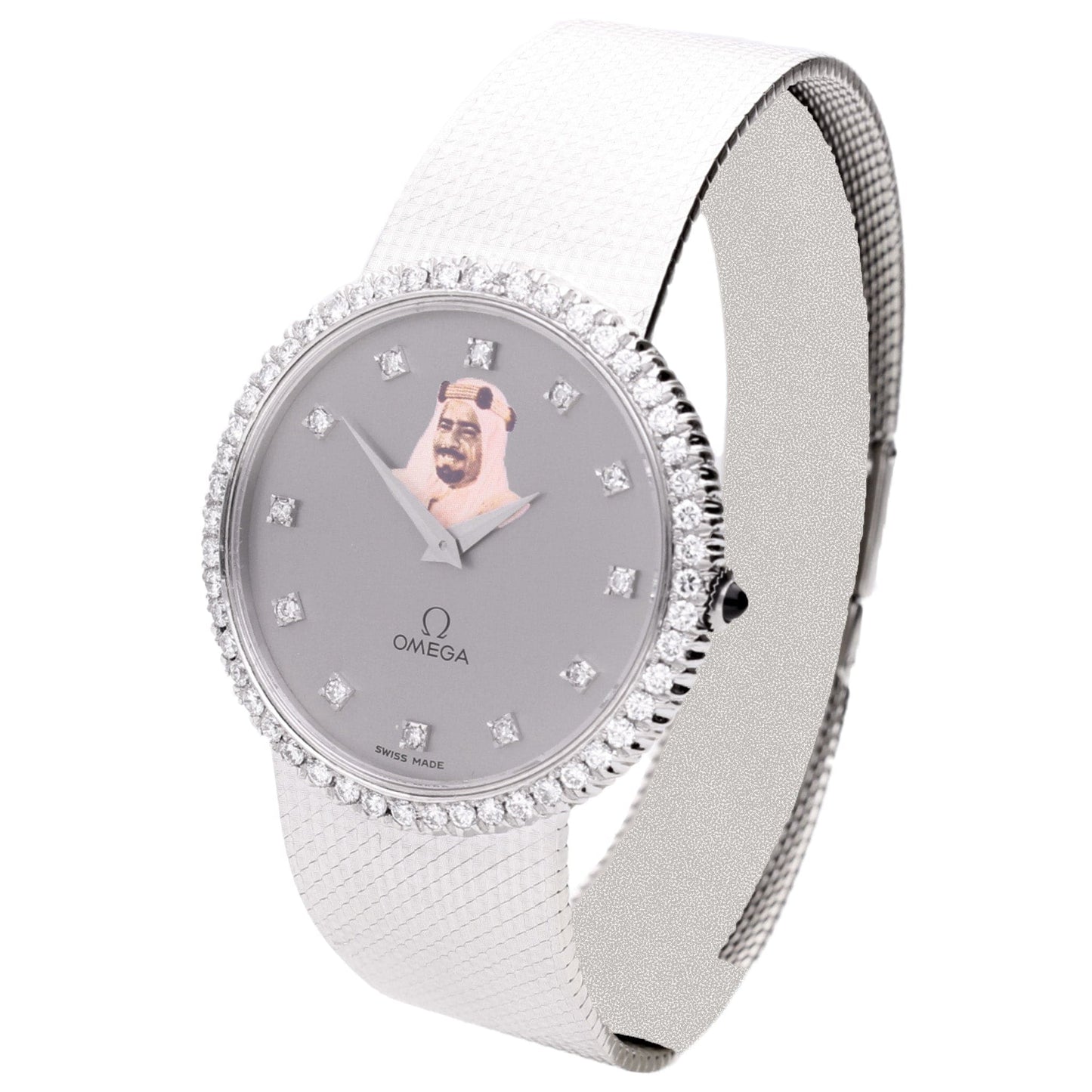 18ct white gold OMEGA automatic wristwatch with diamond set bezel & portrait of Sheikh Isa Bin Salman Al Khalifa. Made 1979