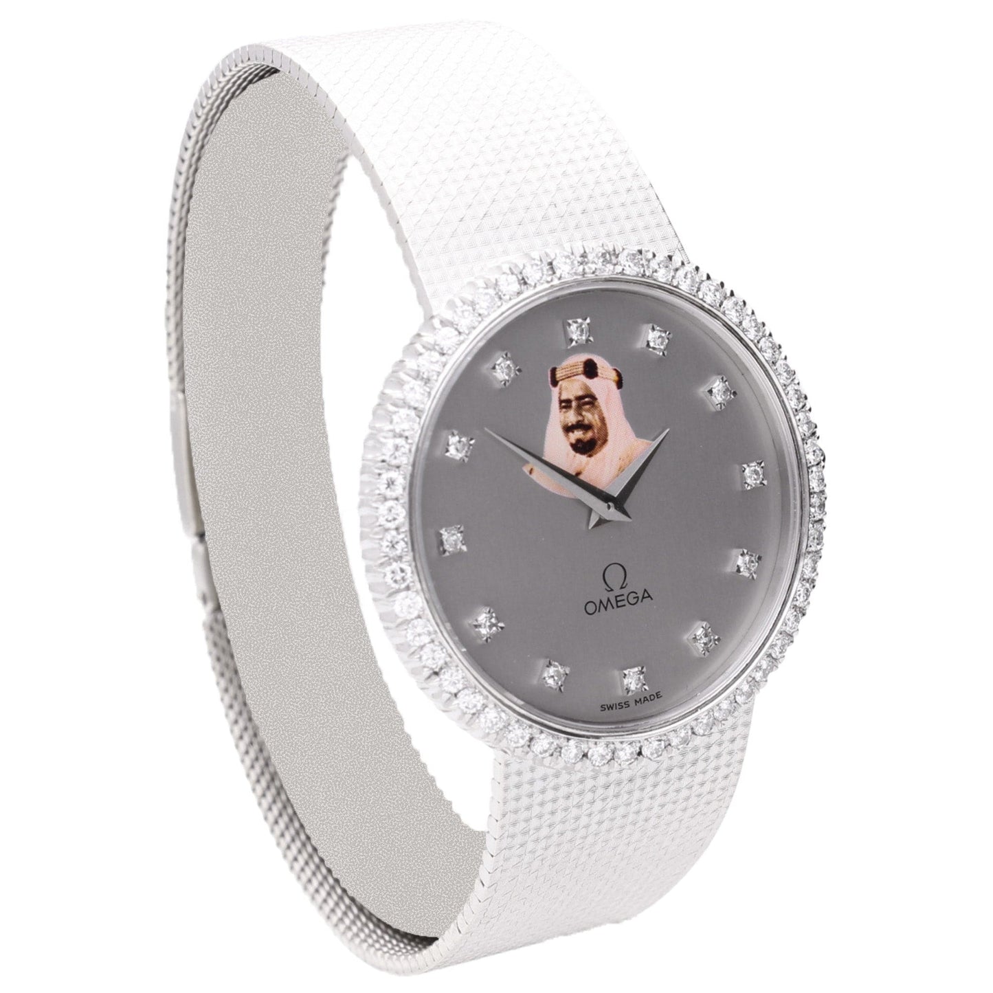 18ct white gold OMEGA automatic wristwatch with diamond set bezel & portrait of Sheikh Isa Bin Salman Al Khalifa. Made 1979