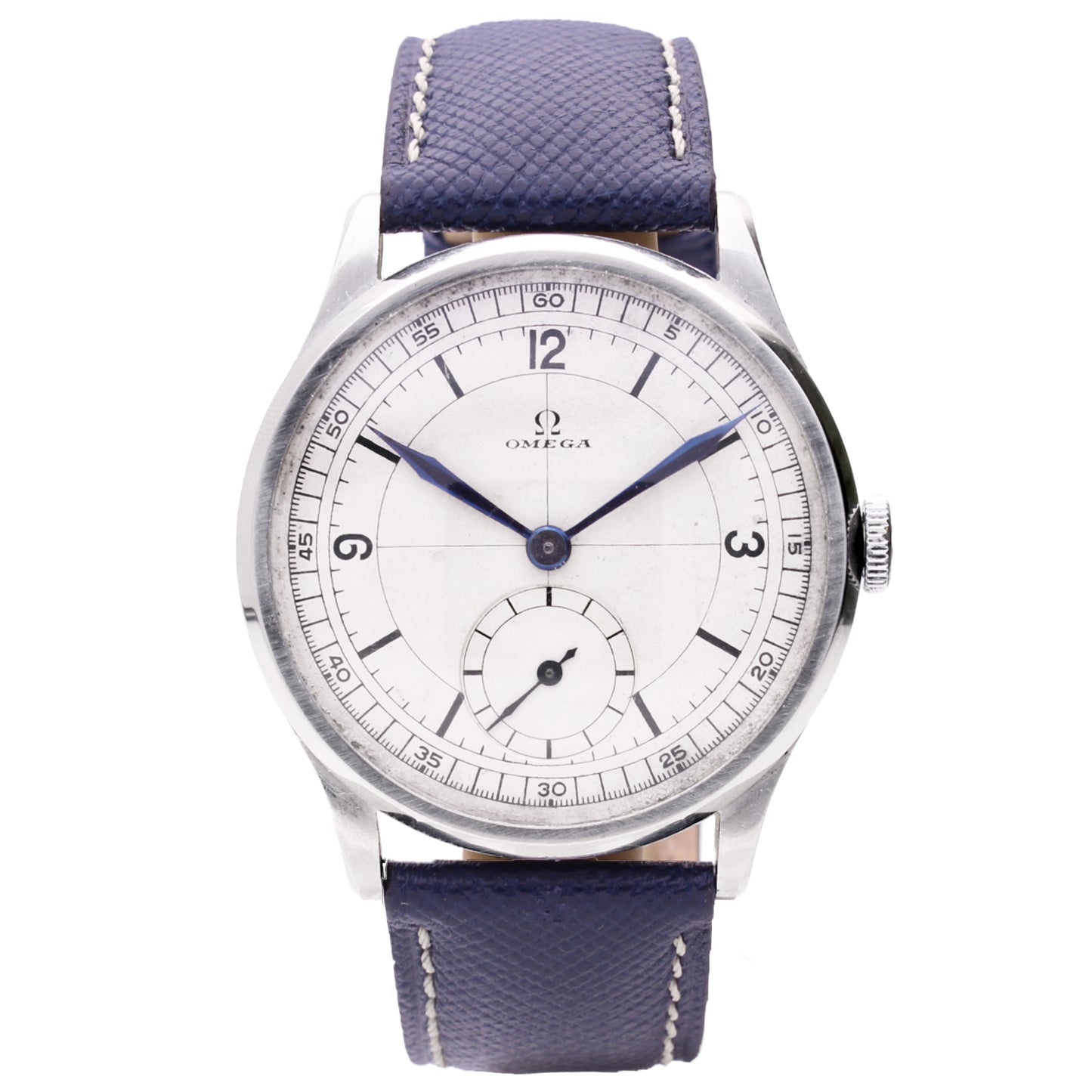 Stainless steel OMEGA wristwatch with sector dial. Made 1938