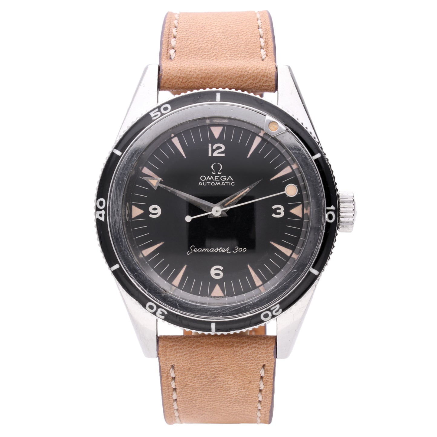 Stainless steel OMEGA 1st Generation Seamaster 300 automatic wristwatch (Enamel bezel). Made 1961