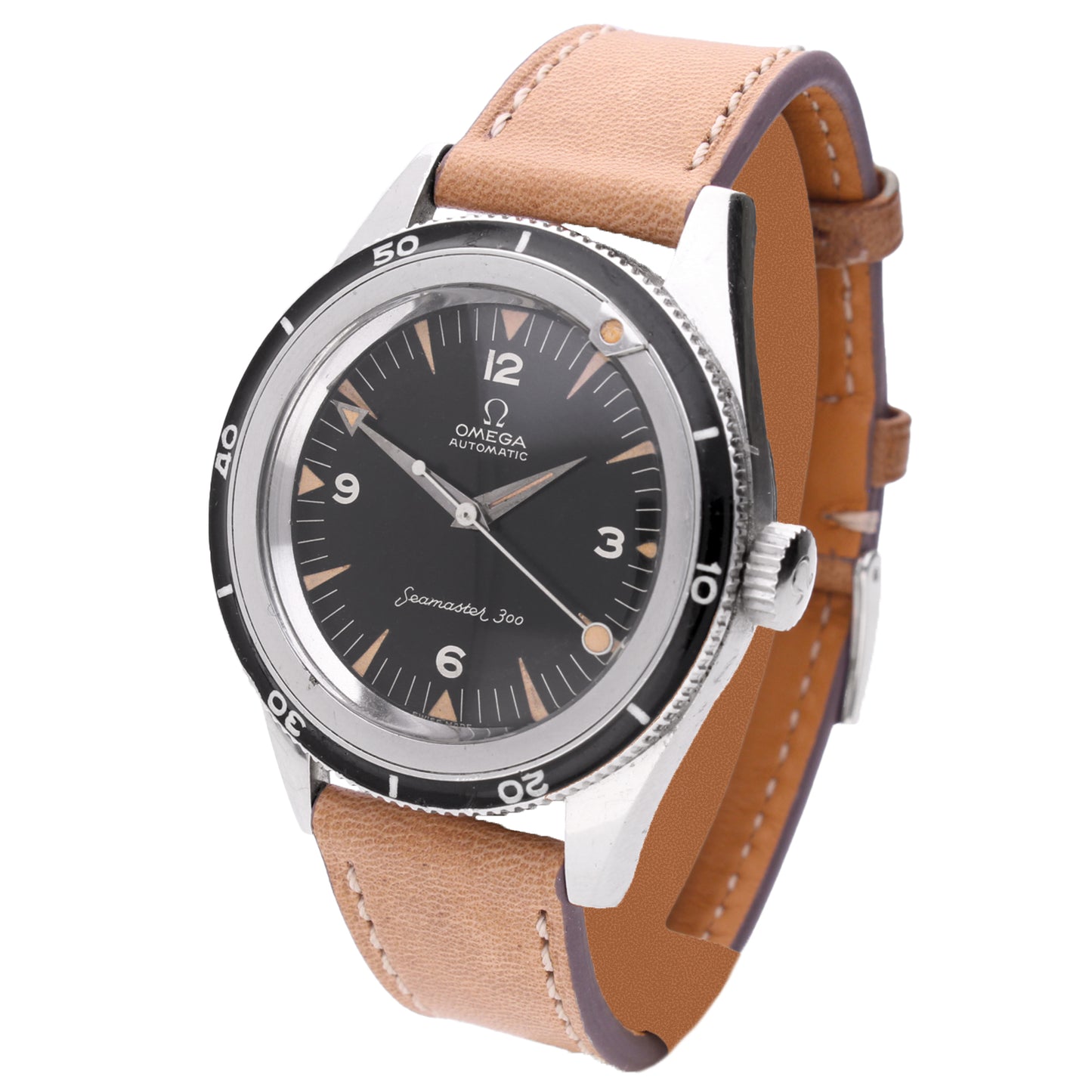 Stainless steel OMEGA 1st Generation Seamaster 300 automatic wristwatch (Enamel bezel). Made 1961