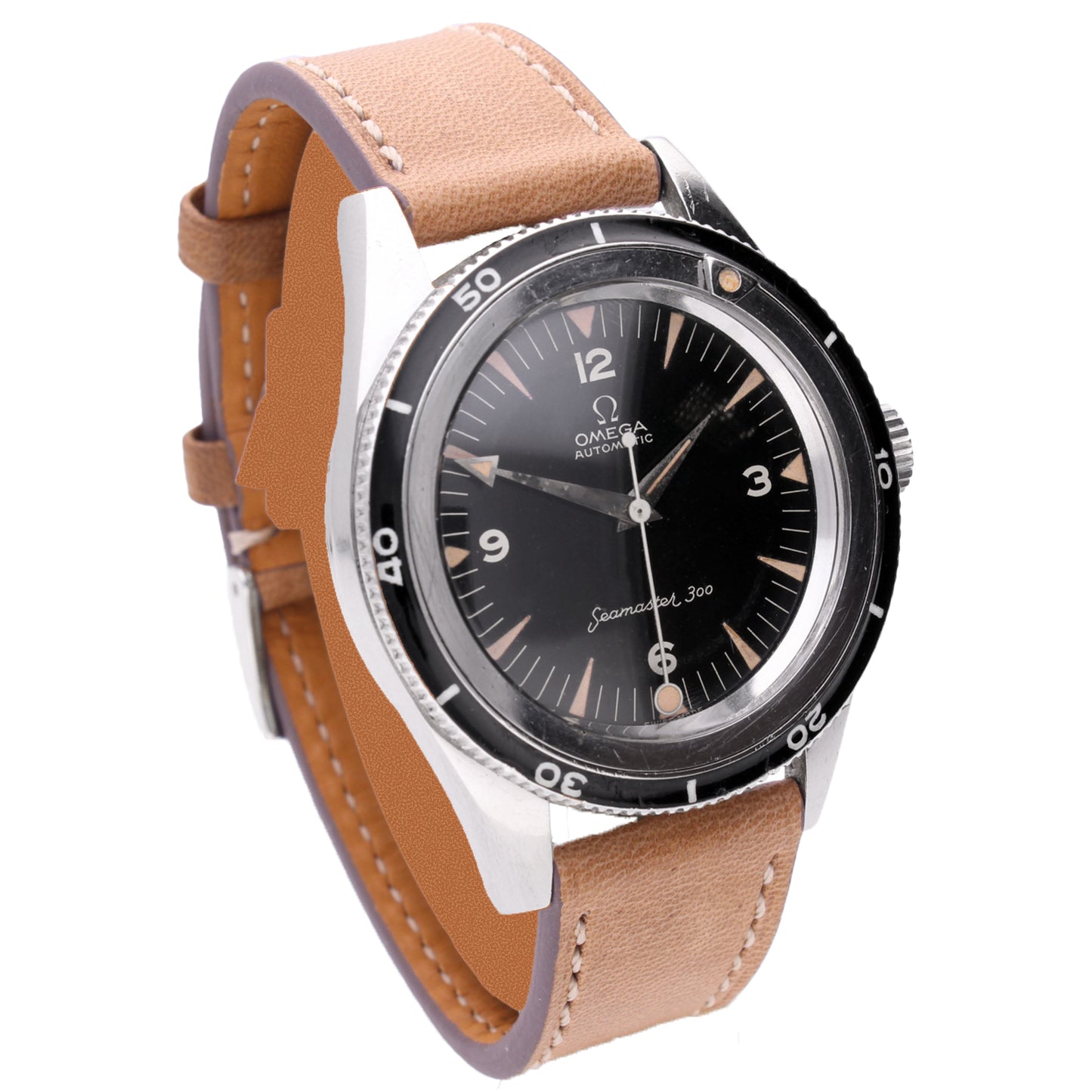 Stainless steel OMEGA 1st Generation Seamaster 300 automatic wristwatch (Enamel bezel). Made 1961