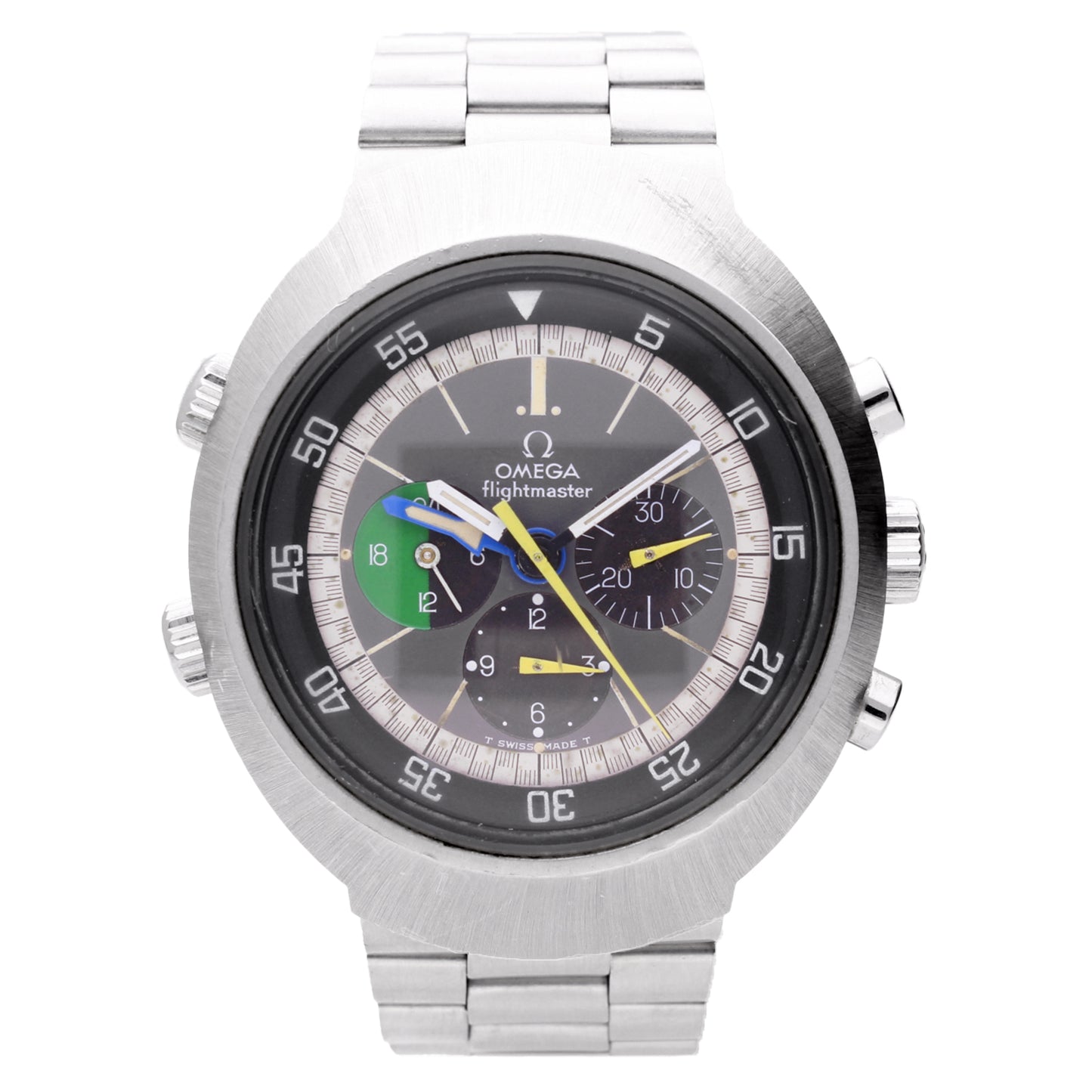 Stainless steel OMEGA 2nd Generation Flightmaster chronograph wristwatch. Made 1971