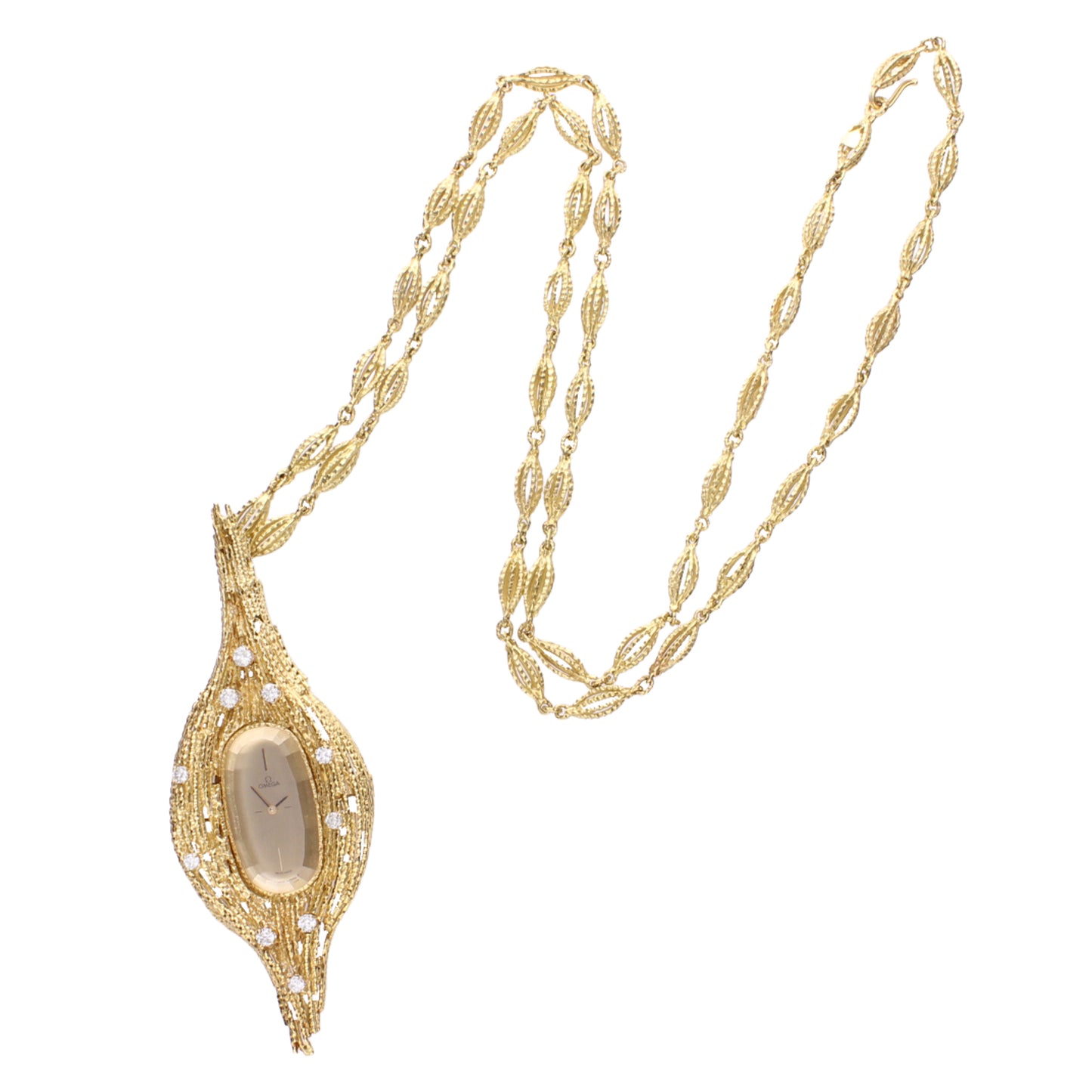 18ct yellow gold OMEGA diamond set 'Harvest' pendant watch designed by Andrew Grima. Made 1972