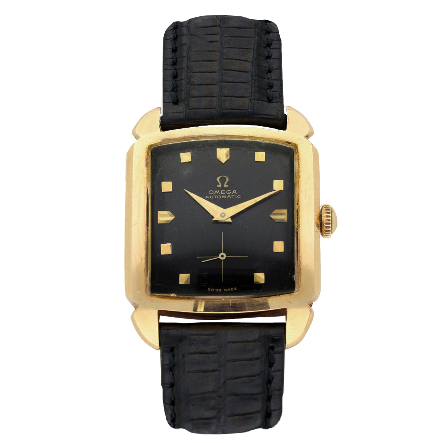 18ct yellow gold OMEGA Carré bumper automatic wristwatch. Made 1952
