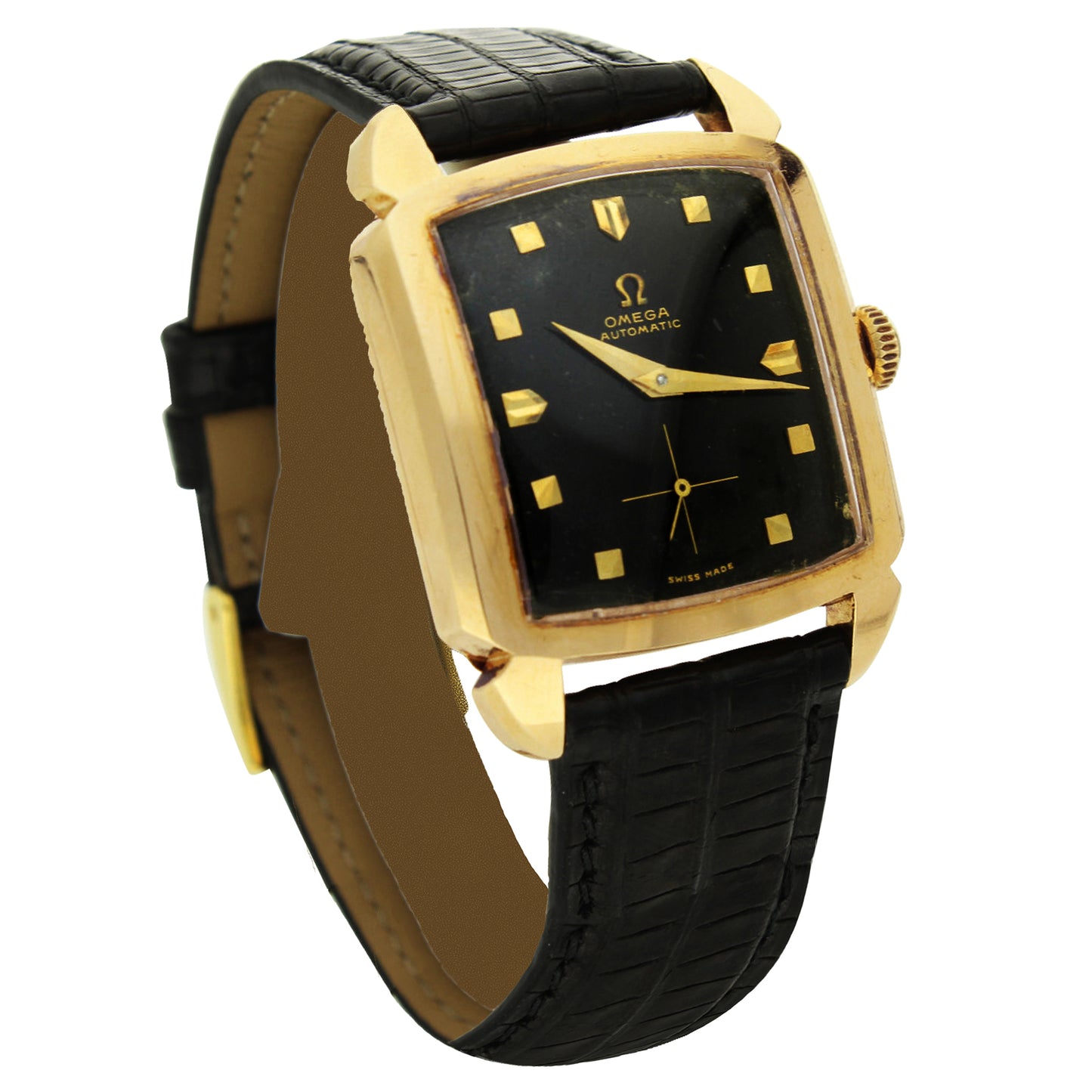 18ct yellow gold OMEGA Carré bumper automatic wristwatch. Made 1952
