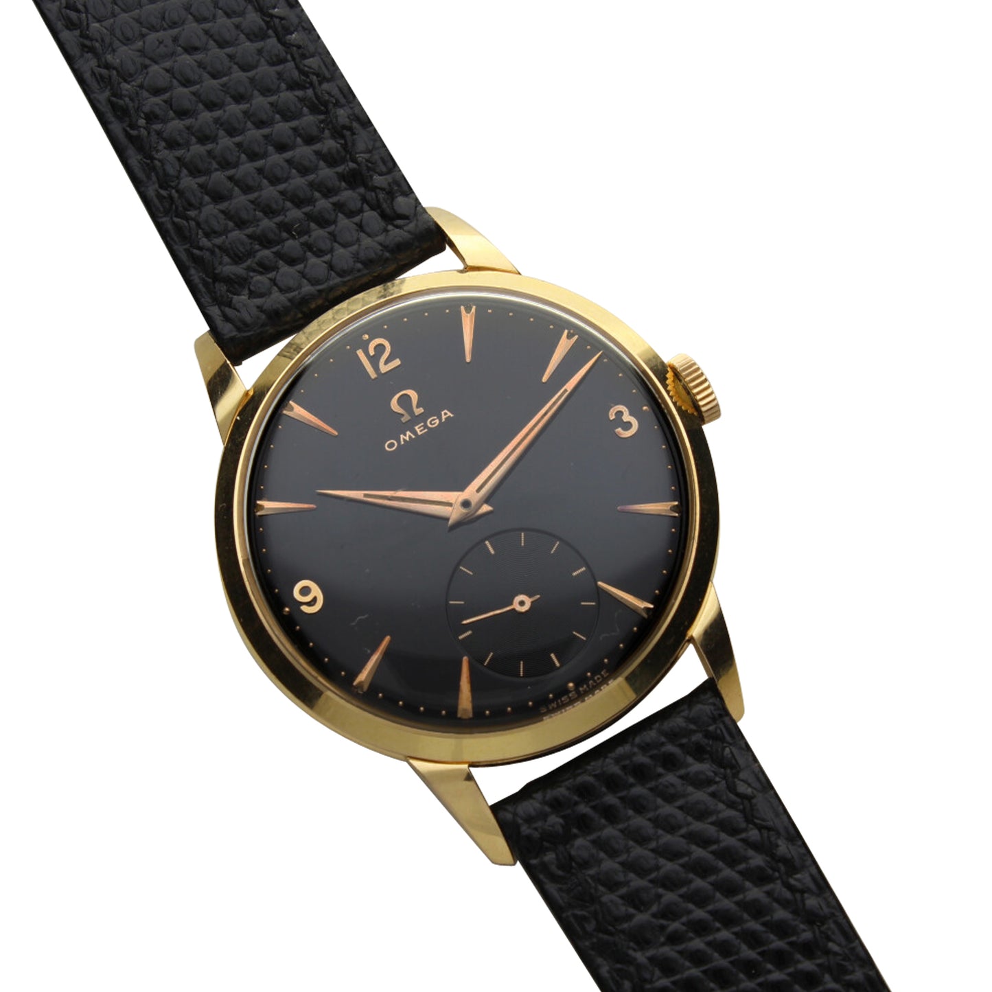18ct yellow gold OMEGA black dial dress wristwatch. Made 1955