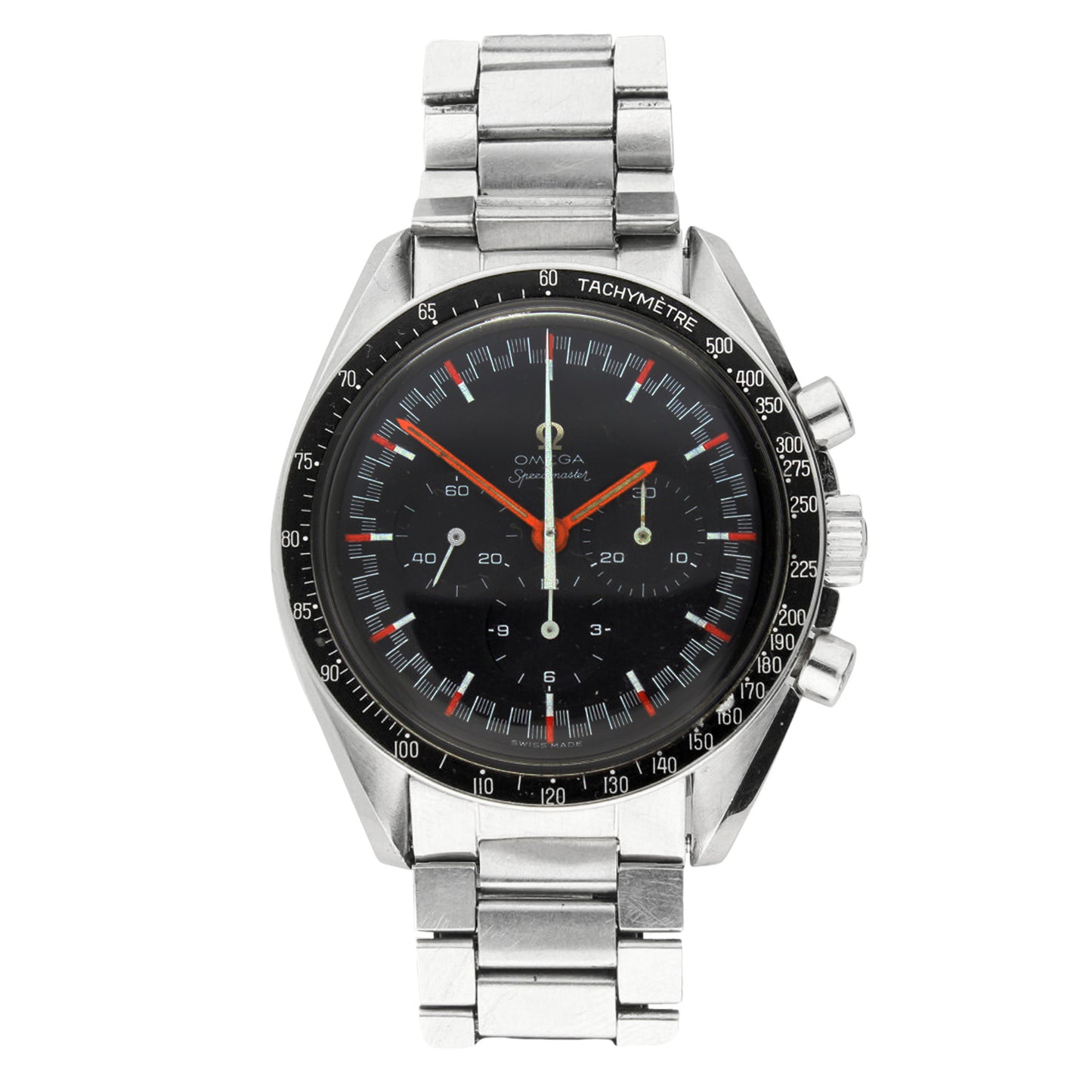 Stainless steel OMEGA ref. 145.012 Speedmaster 'Red Racing' chronograph wristwatch. Made 1968