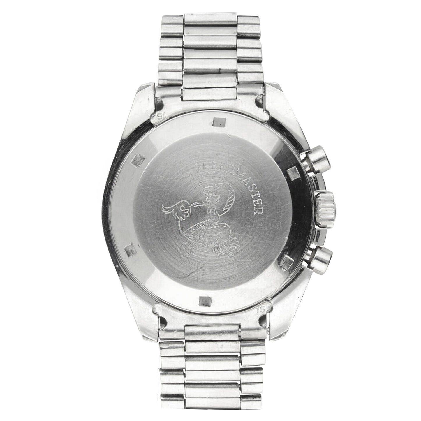 Stainless steel OMEGA ref. 145.012 Speedmaster 'Red Racing' chronograph wristwatch. Made 1968