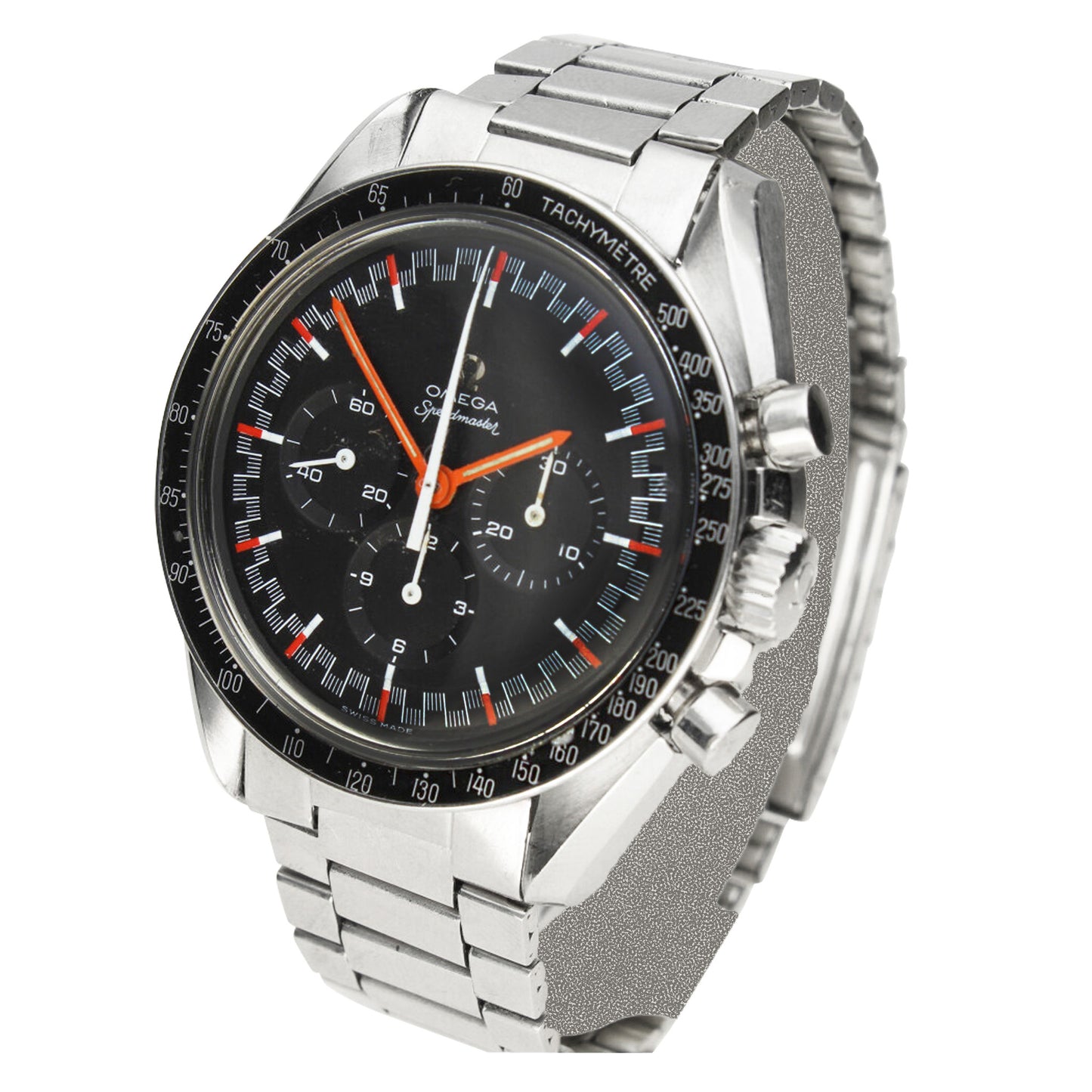 Stainless steel OMEGA ref. 145.012 Speedmaster 'Red Racing' chronograph wristwatch. Made 1968