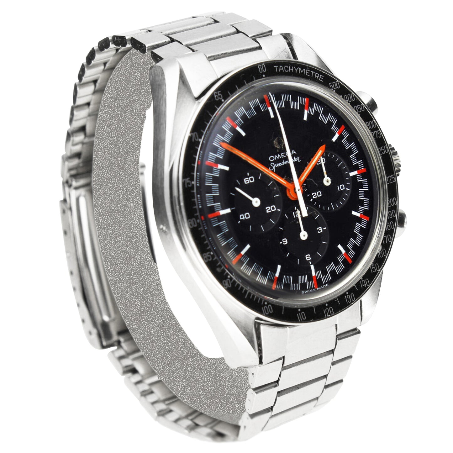 Stainless steel OMEGA ref. 145.012 Speedmaster 'Red Racing' chronograph wristwatch. Made 1968