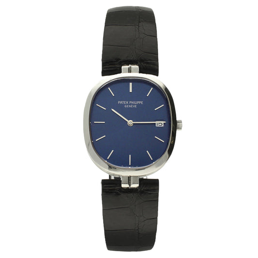 Stainless steel Patek Philippe ref. 3930 Ellipse Quartz wristwatch with blue dial. Made 1985