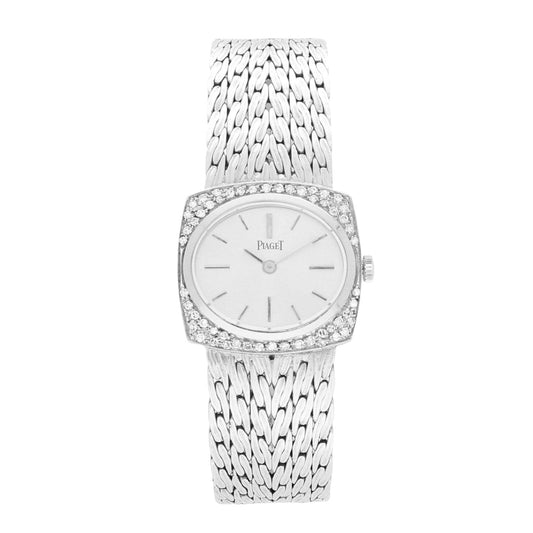 18ct white gold and diamond set Piaget ref. 9545 'cushion cased' bracelet watch. Made 1970s