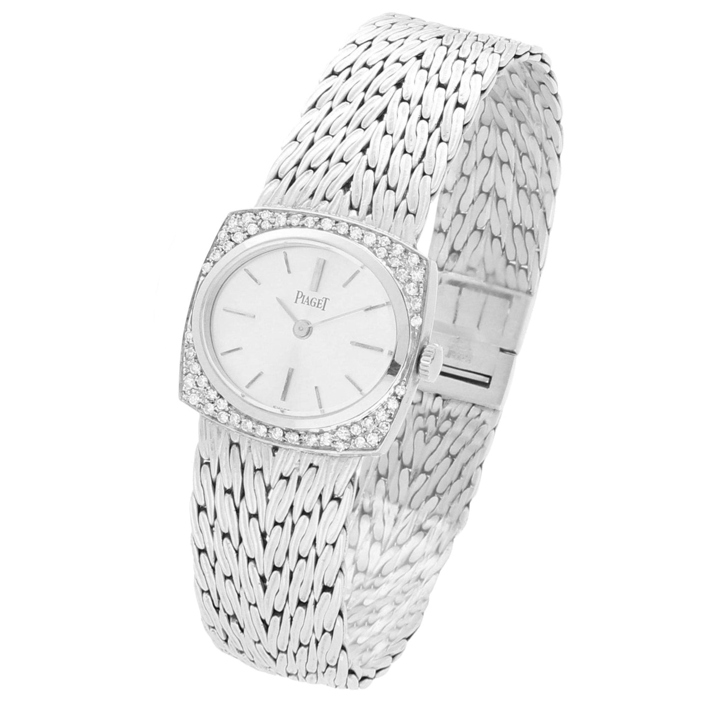 18ct white gold and diamond set Piaget ref. 9545 'cushion cased' bracelet watch. Made 1970s