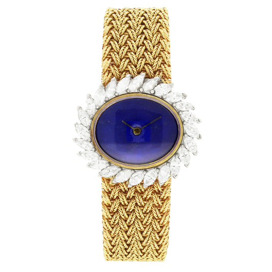 18ct yellow gold Ulysee Nardin, diamond set bracelet watch with lapis lazuli dial. Made 1970's