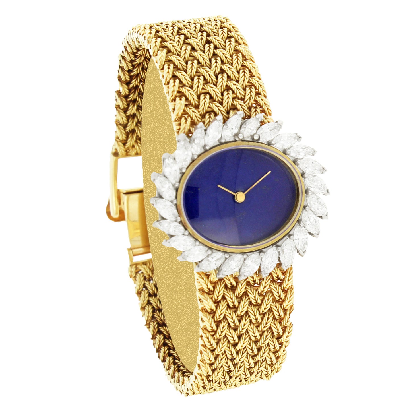 18ct yellow gold Ulysee Nardin, diamond set bracelet watch with lapis lazuli dial. Made 1970's