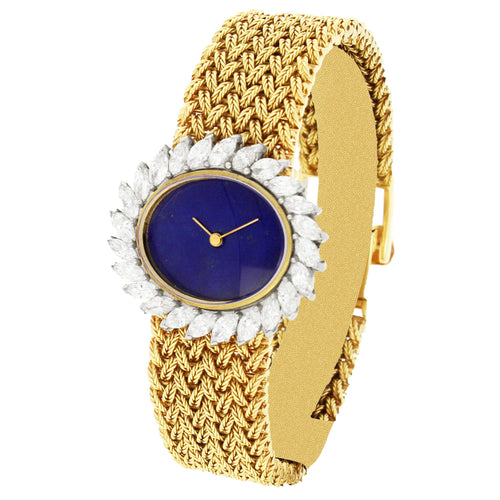18ct yellow gold Ulysee Nardin, diamond set bracelet watch with lapis lazuli dial. Made 1970's