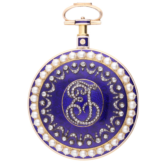 18ct yellow gold Jefferys & Jones enamel, diamond and pearl set open face pocket watch. Made 1780