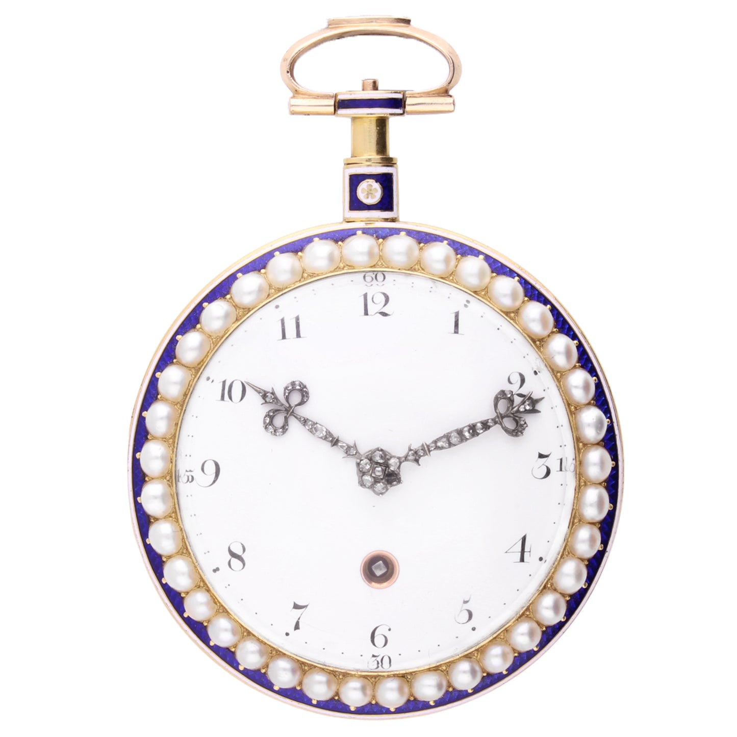 18ct yellow gold Jefferys & Jones enamel, diamond and pearl set open face pocket watch. Made 1780