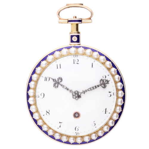 18ct yellow gold Jefferys & Jones enamel, diamond and pearl set open face pocket watch. Made 1780