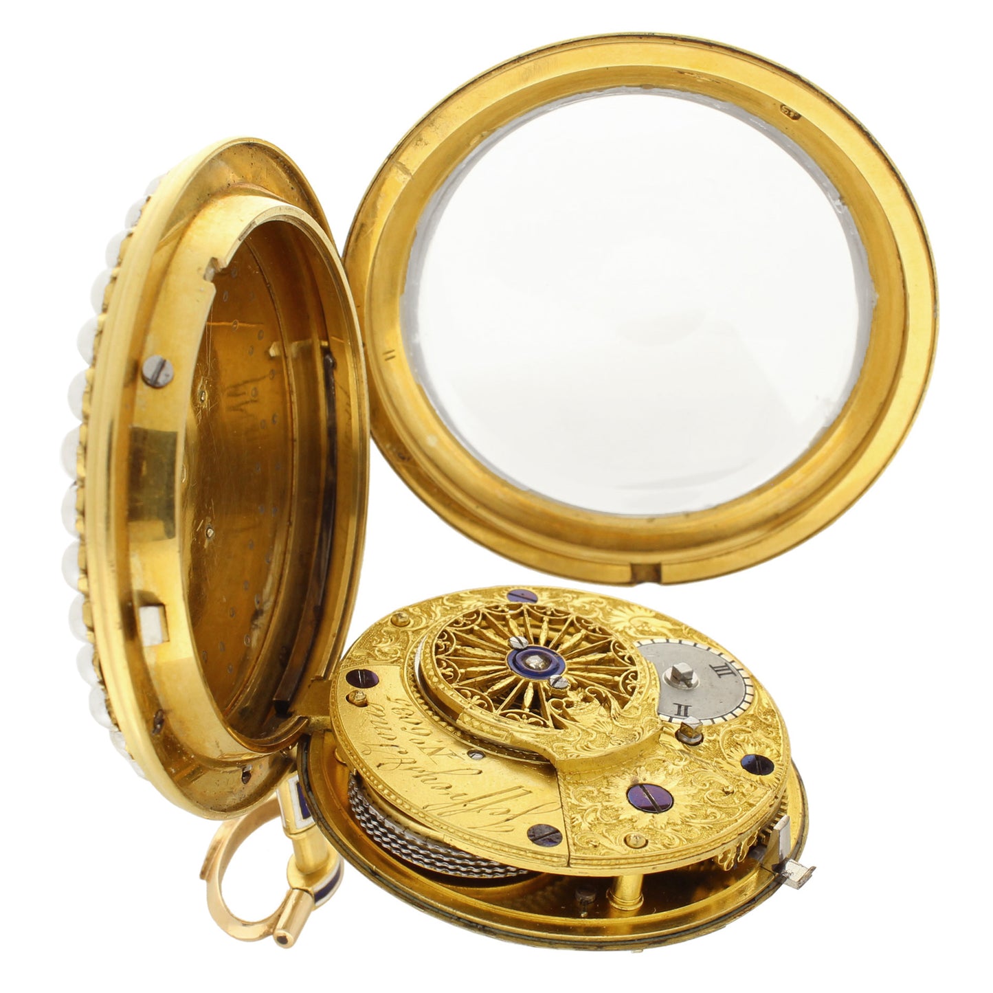 18ct yellow gold Jefferys & Jones enamel, diamond and pearl set open face pocket watch. Circa 1780
