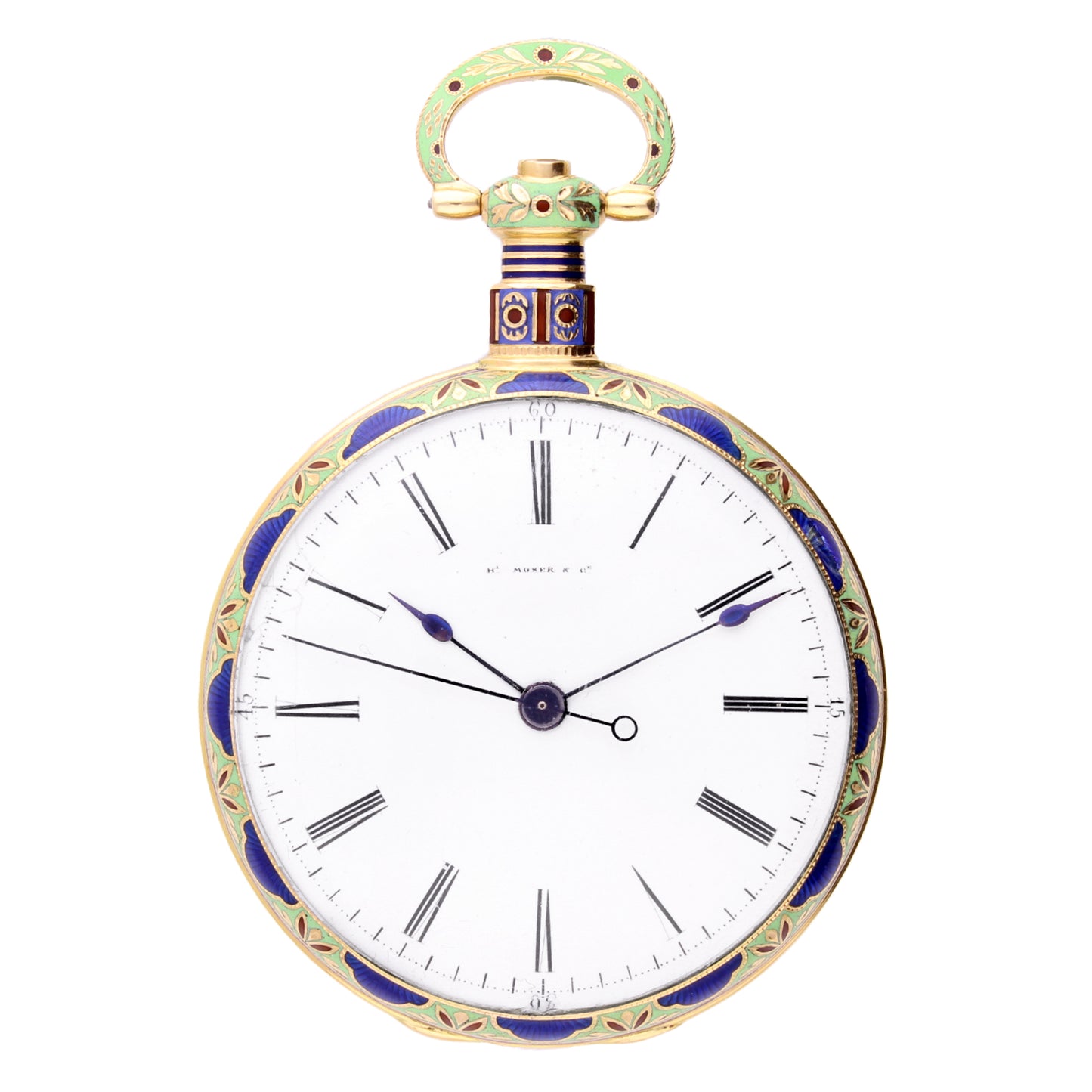 18ct yellow gold & Enamel Moser & Cie Chinese duplex watch with enamel scene attributed to Dupont - 'Apollo's Embrace'. Made 1820