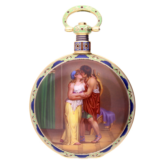 18ct yellow gold & Enamel Moser & Cie Chinese duplex watch with enamel scene attributed to Dupont - 'Apollo's Embrace'. Made 1820