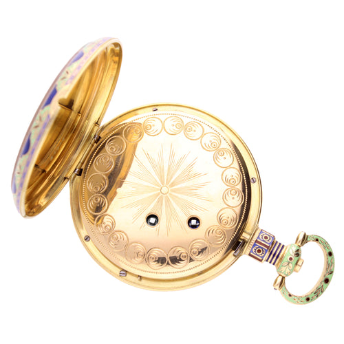18ct yellow gold & Enamel Moser & Cie Chinese duplex watch with enamel scene attributed to Dupont - 'Apollo's Embrace'. Made 1820