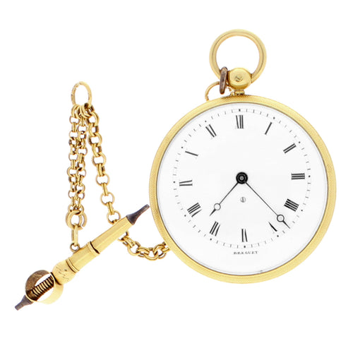 18ct yellow gold Breguet miniature open face pocket watch with chain. Made 1840’s
