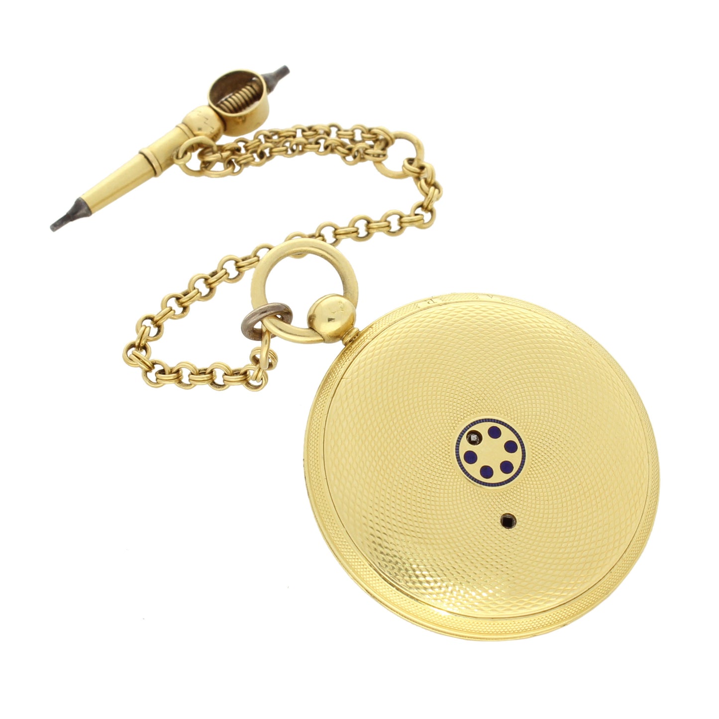 18ct yellow gold Breguet miniature open face pocket watch with chain. Made 1840’s