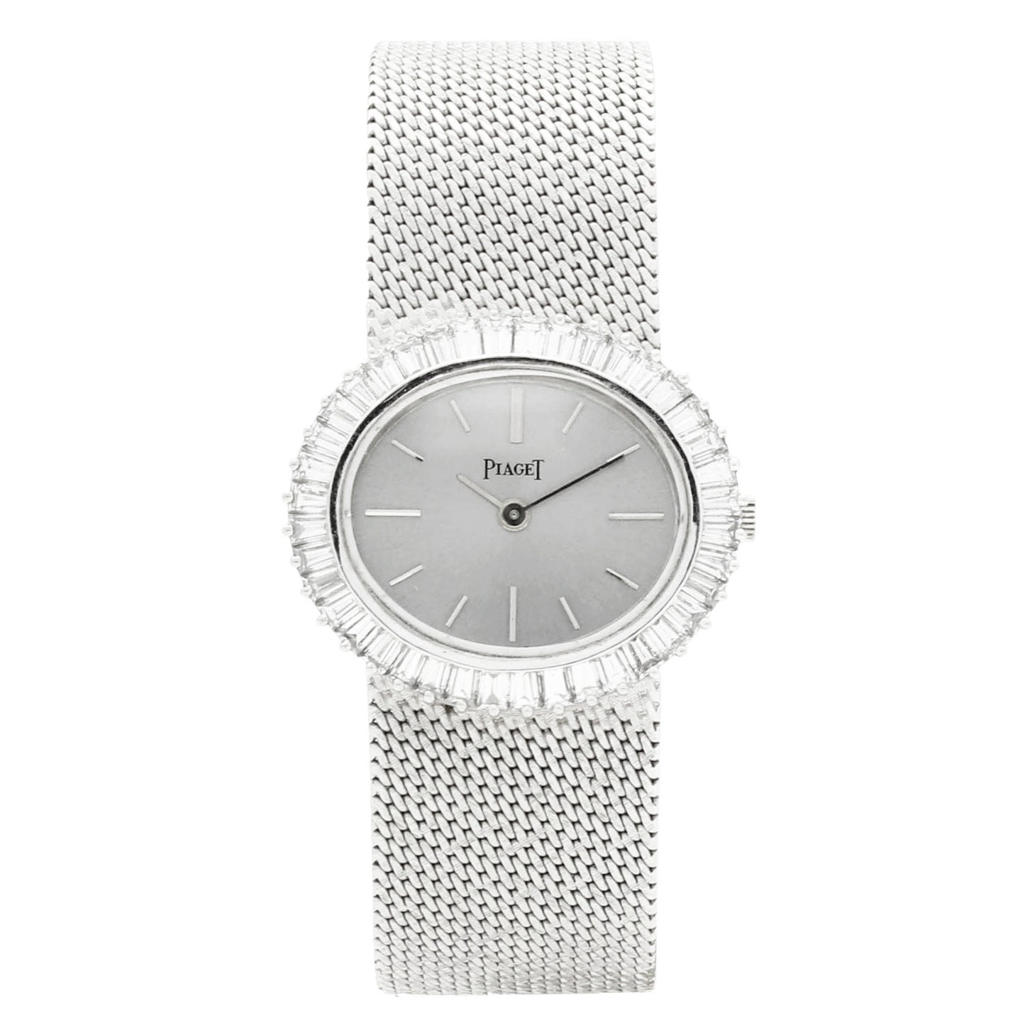 18ct white gold Piaget ref. 9322 'oval cased' and diamond set bezel bracelet watch. Made 1970s