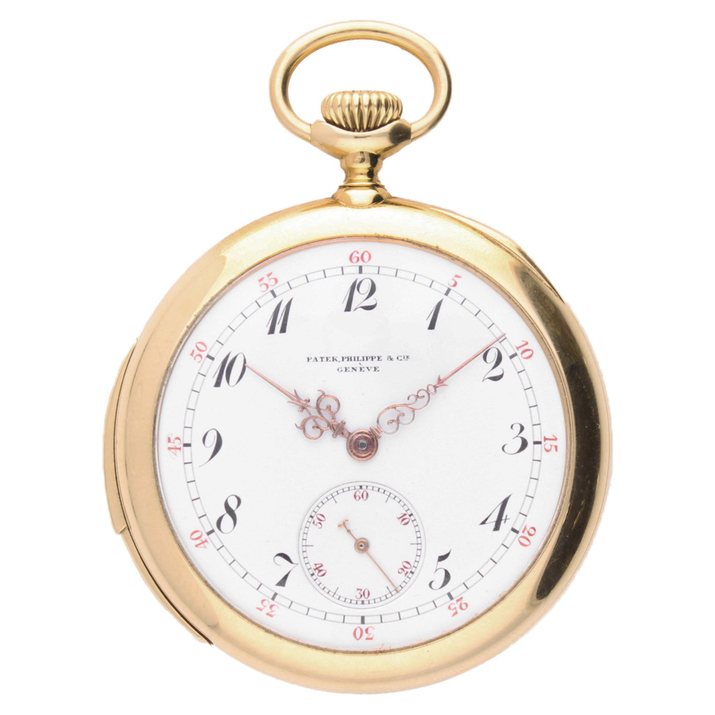 18ct yellow gold Patek Philippe, open face minute repeating pocket watch. Made 1905