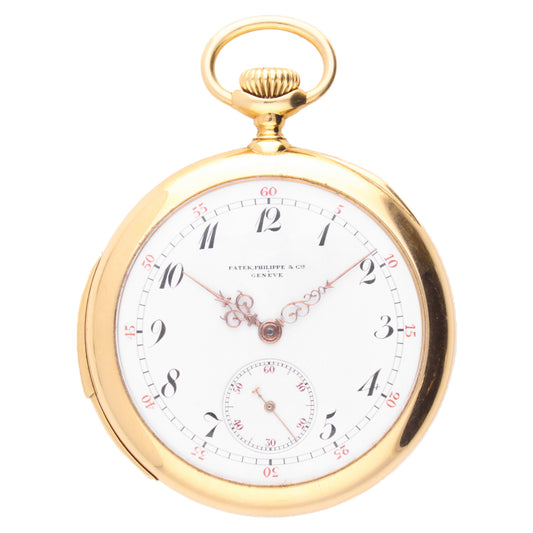 18ct yellow gold Patek Philippe, open face minute repeating pocket watch. Made 1905