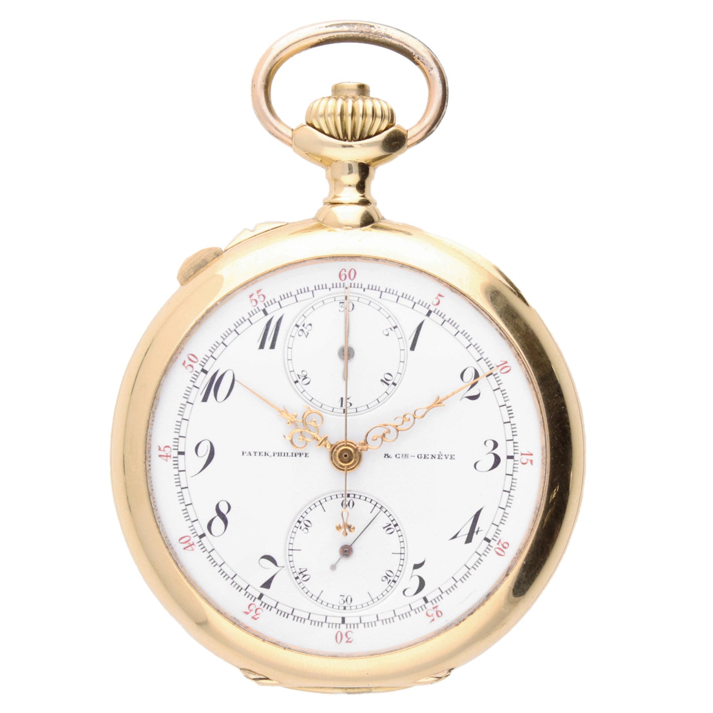 18ct yellow gold Patek Philippe, open face spilt seconds chronograph pocket watch. Made 1904