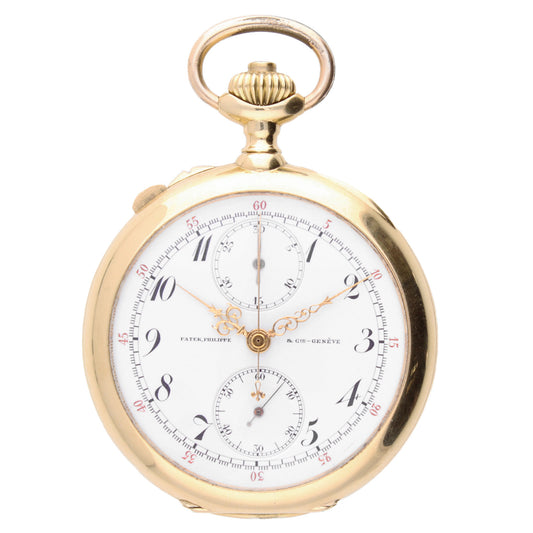 18ct yellow gold Patek Philippe, open face spilt seconds chronograph pocket watch. Made 1904