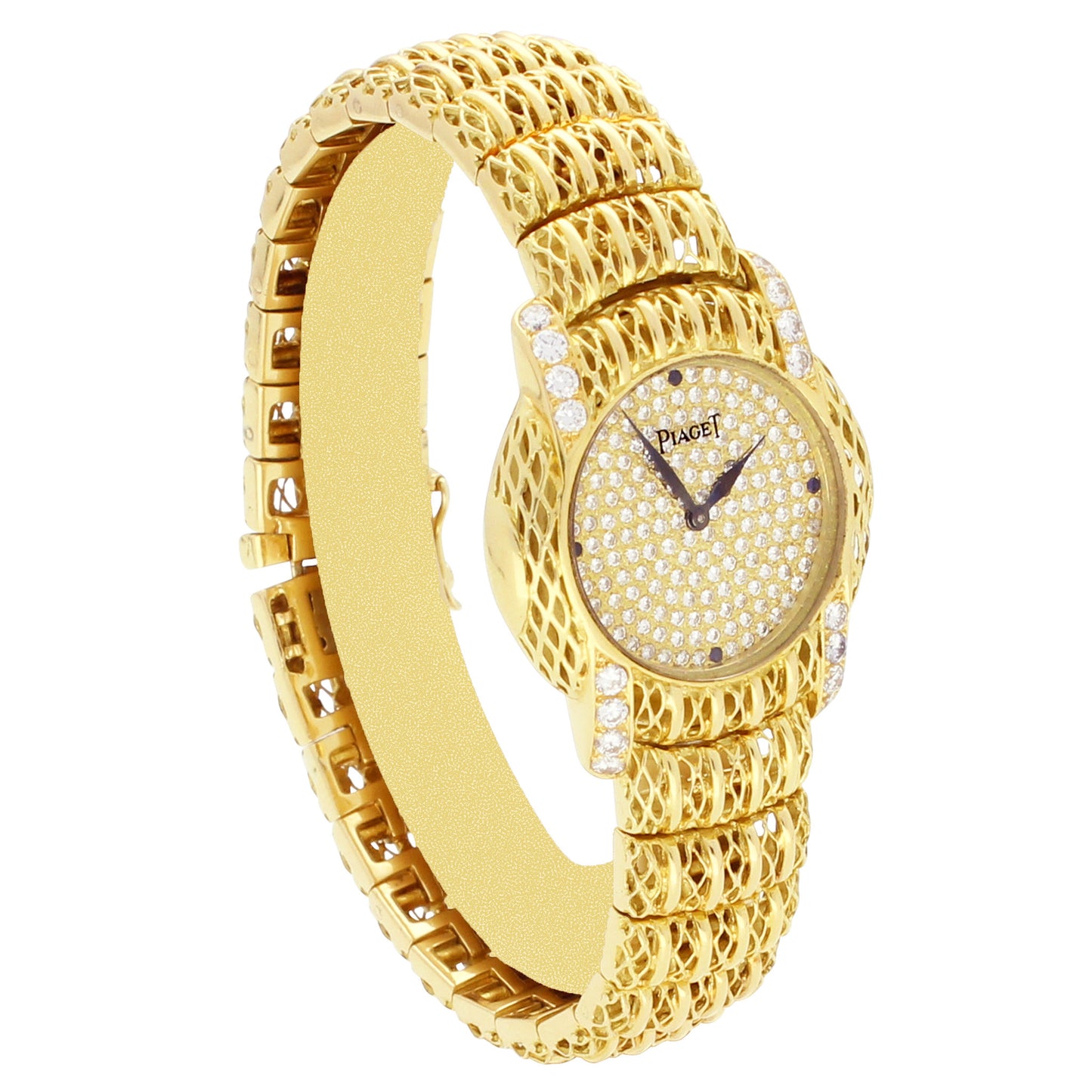 18ct yellow gold 'round cased' Piaget ref. 8055 bracelet watch with diamond set dial and diamond set lugs. Made 1980s