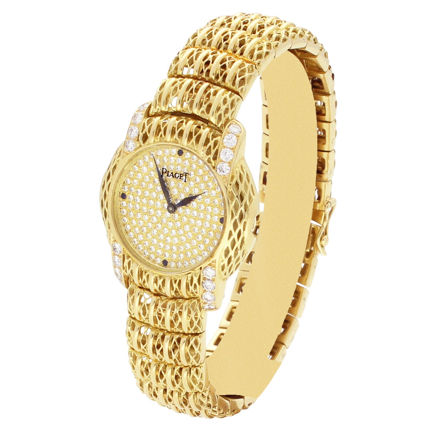 18ct yellow gold 'round cased' Piaget ref. 8055 bracelet watch with diamond set dial and diamond set lugs. Made 1980s