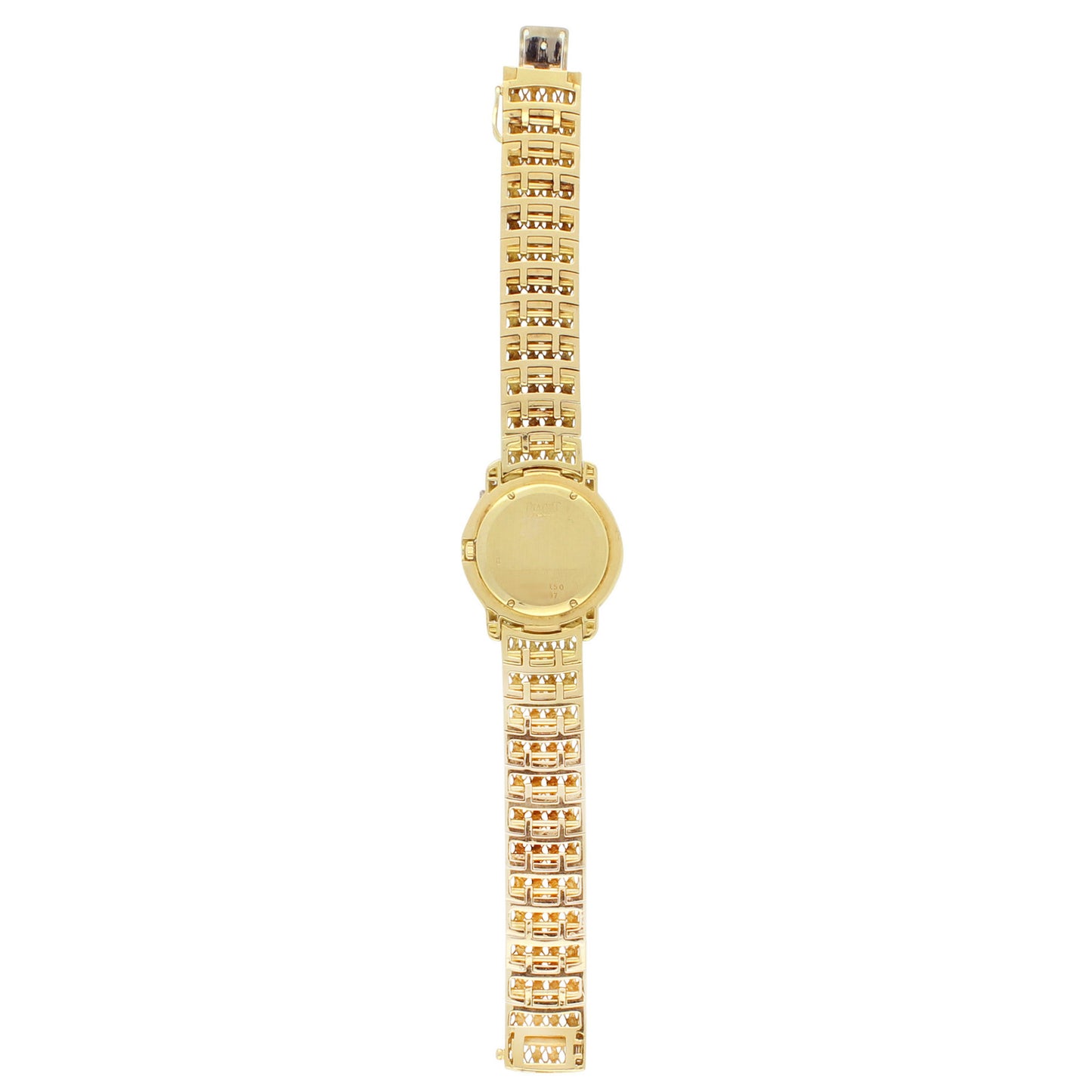 18ct yellow gold 'round cased' Piaget ref. 8055 bracelet watch with diamond set dial and diamond set lugs. Made 1980s