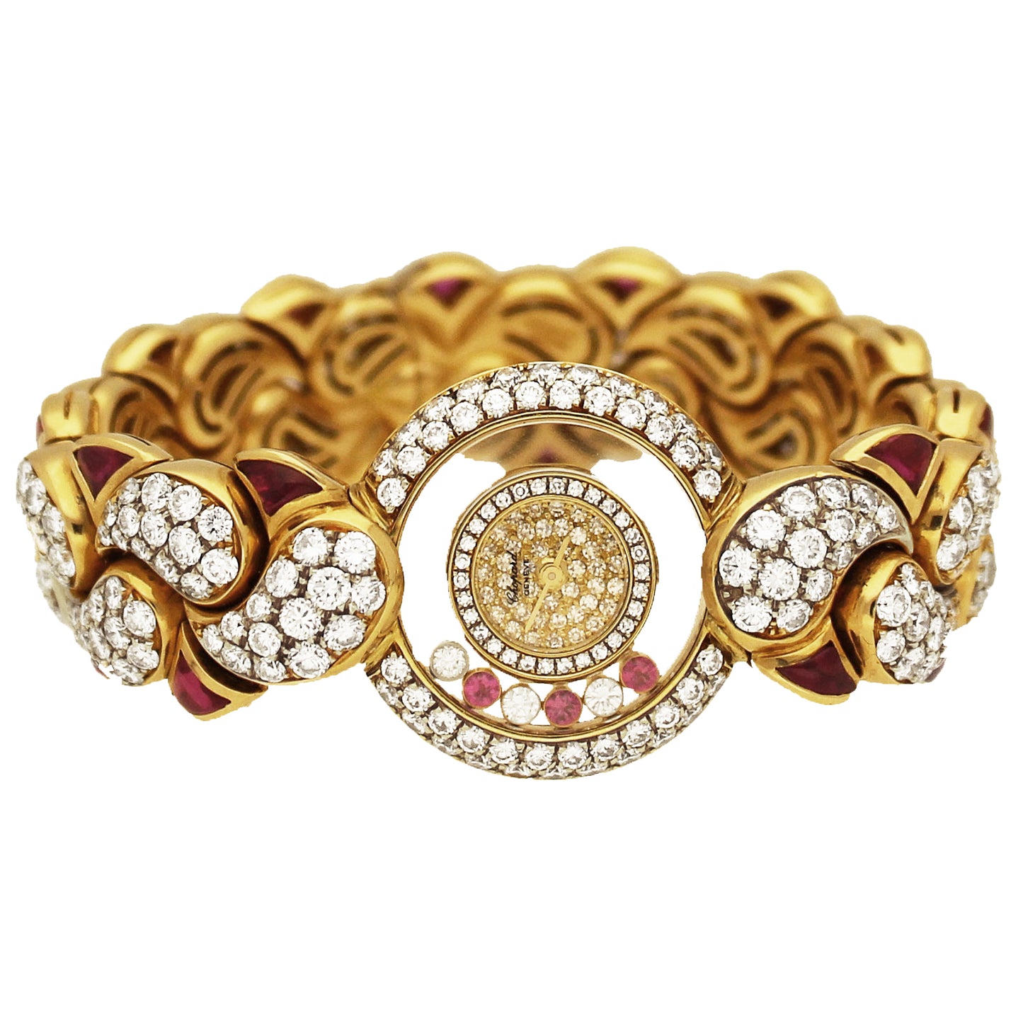 18ct yellow gold Chopard, ruby and diamond set 'Happy Diamonds' bracelet watch. Made 1980