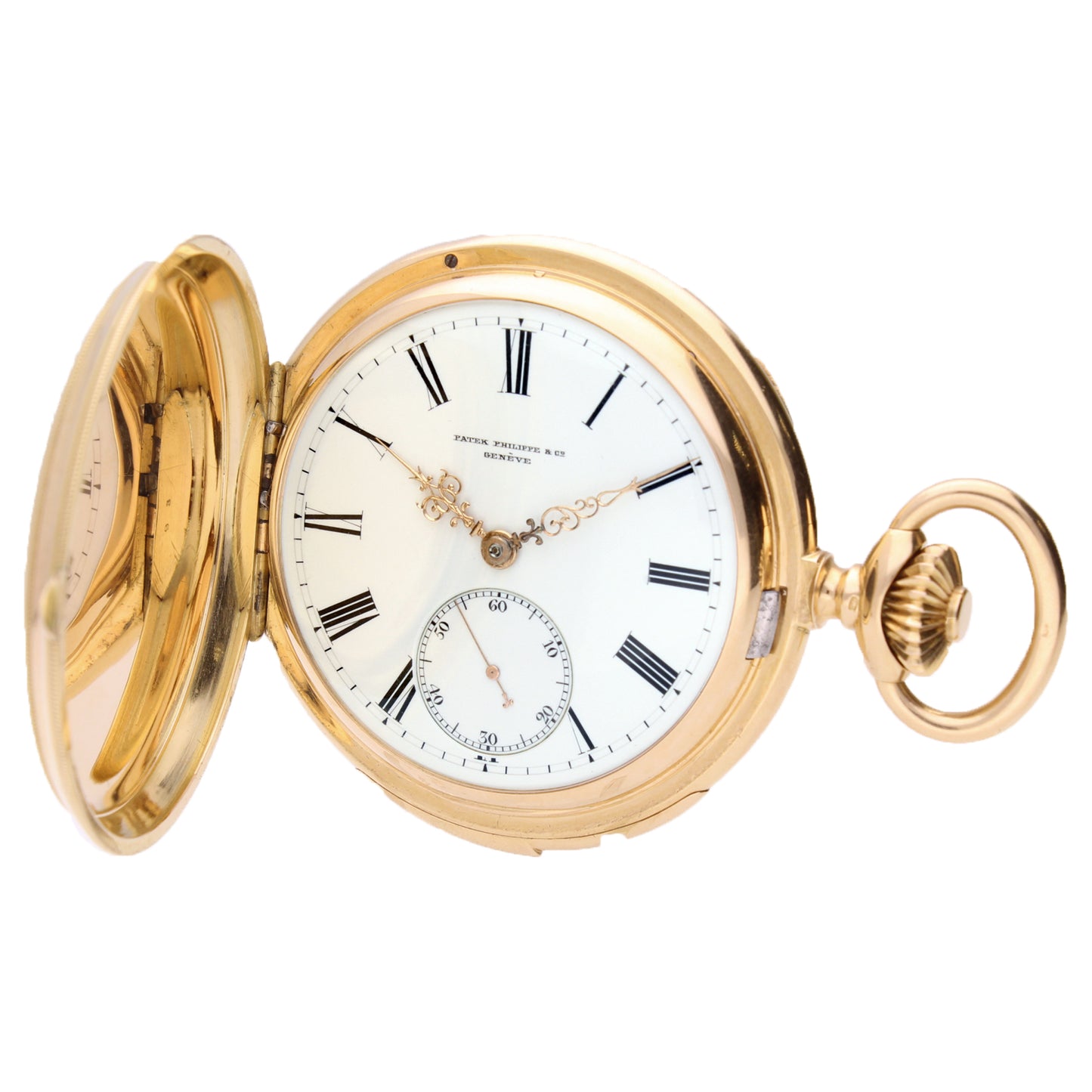 18ct rose golf Patek Philippe full hunter minute repeating pocket watch. Made 1893