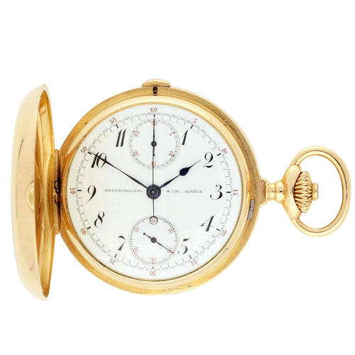 18ct rose gold Patek Philippe, full hunter single button chronograph pocket watch. Made 1897