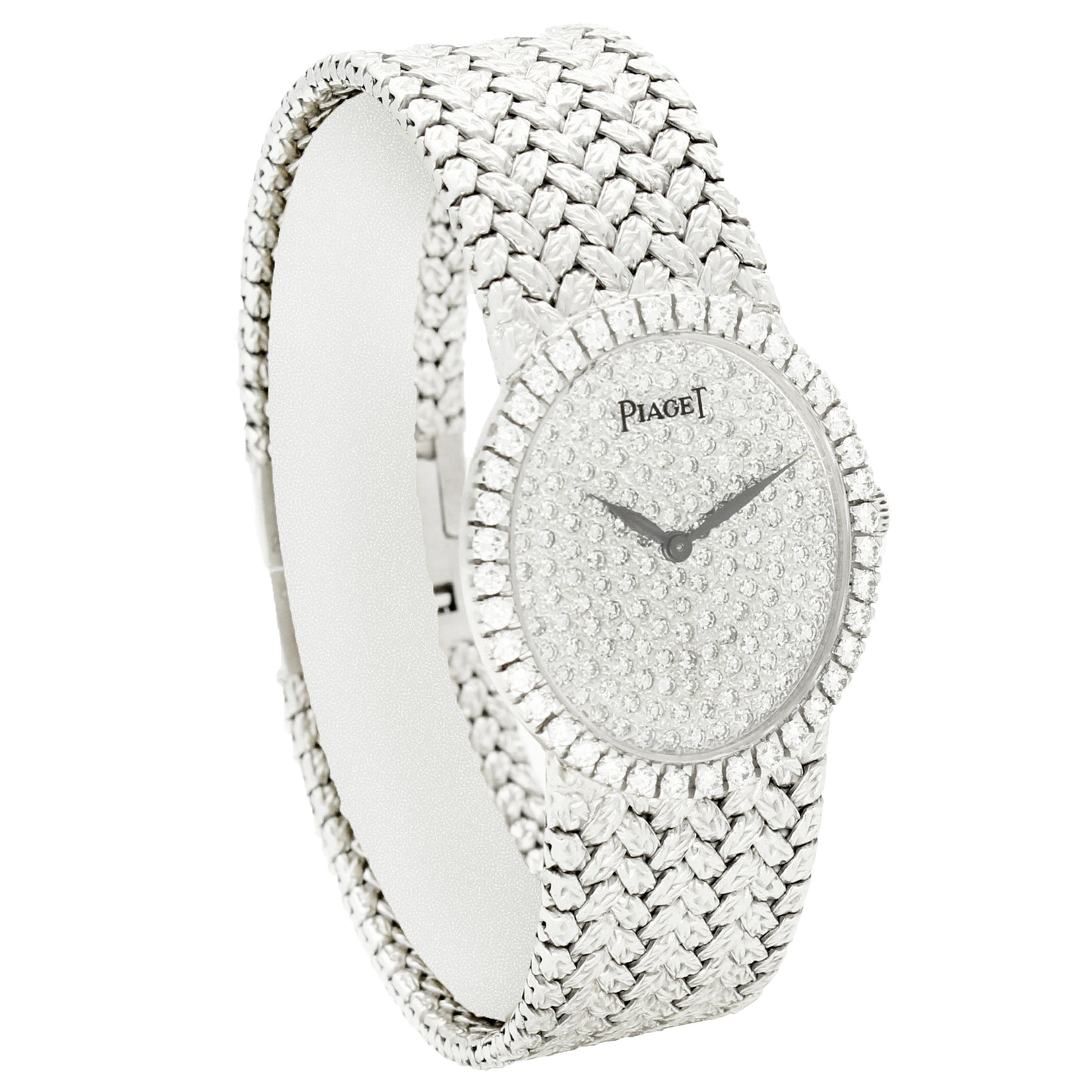 18ct white gold Piaget ref. 9826 oval bracelet watch with diamond set dial and bezel. Made 1970s