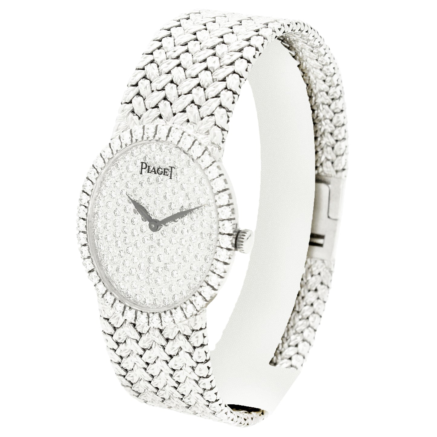 18ct white gold Piaget ref. 9826 oval bracelet watch with diamond set dial and bezel. Made 1970s