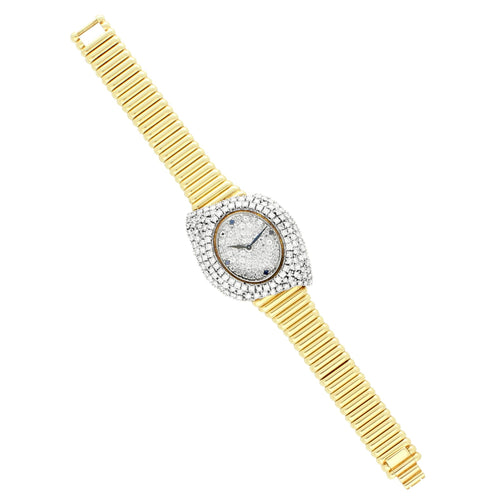 18ct yellow gold Piaget ref. 93331 bracelet watch with pavé diamond set dial and diamond set case. Made 1976