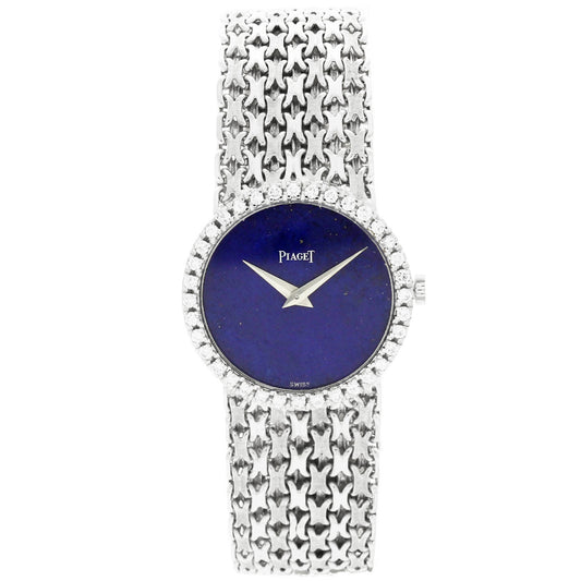18ct white gold Piaget ref. 926 'round cased' bracelet watch with lapis lazuli dial and diamond set bezel. Made 1970's