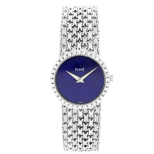 18ct white gold Piaget ref. 926 'round cased' bracelet watch with lapis lazuli dial and diamond set bezel. Made 1970's