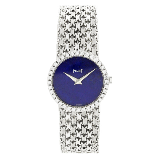 18ct white gold Piaget, 'round cased' bracelet watch with lapis lazuli dial and diamond set bezel. Made 1970's