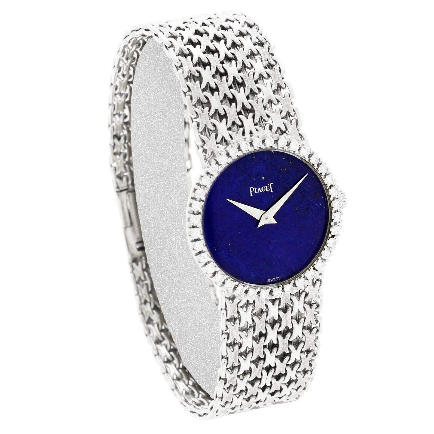 18ct white gold Piaget ref. 926 'round cased' bracelet watch with lapis lazuli dial and diamond set bezel. Made 1970's