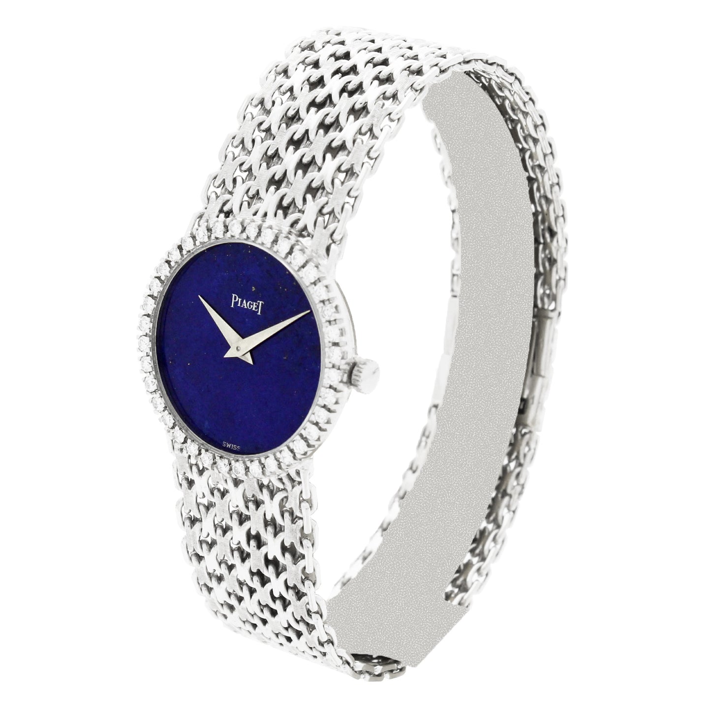 18ct white gold Piaget, 'round cased' bracelet watch with lapis lazuli dial and diamond set bezel. Made 1970's