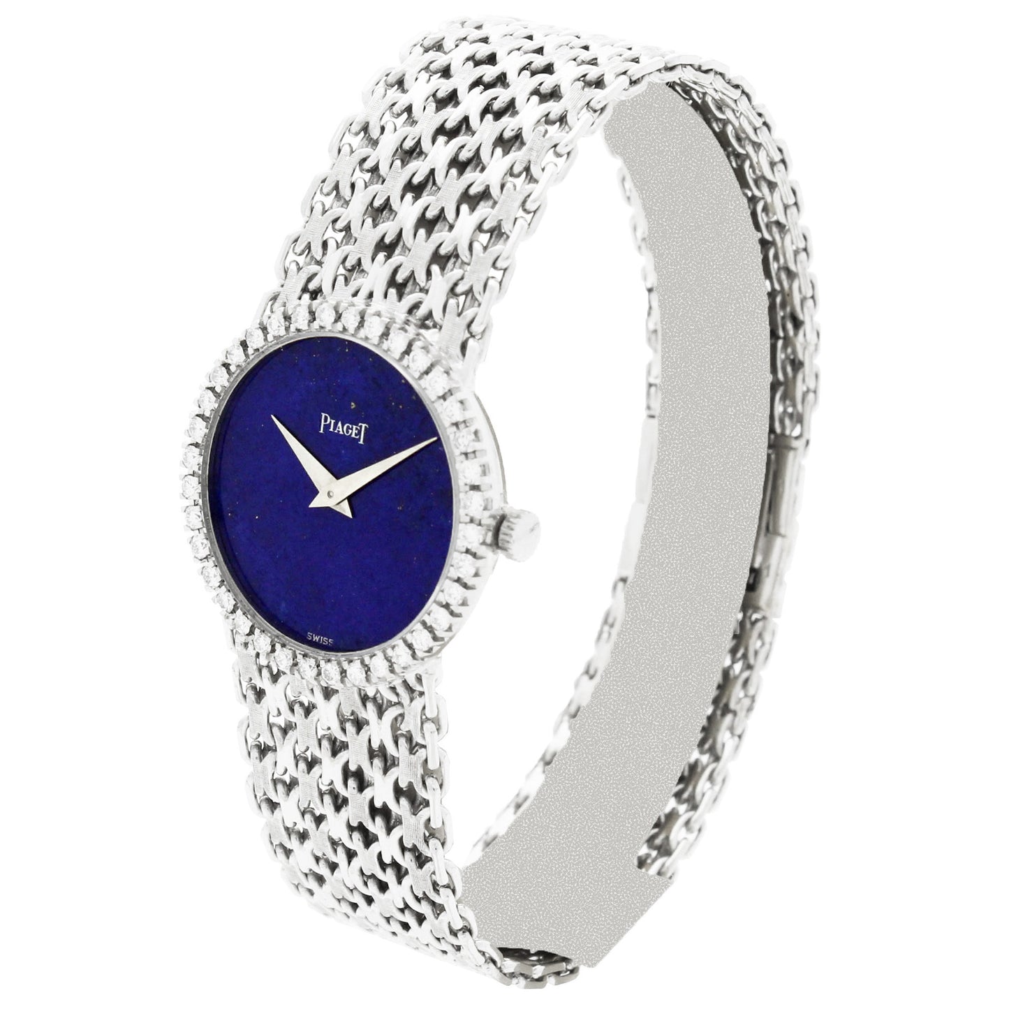 18ct white gold Piaget ref. 926 'round cased' bracelet watch with lapis lazuli dial and diamond set bezel. Made 1970's